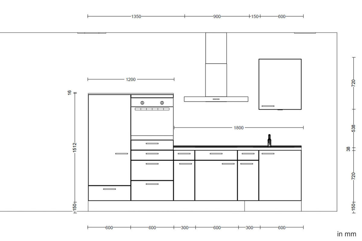 KÜCHENLEERBLOCK 300 cm   in Weiß, Eichefarben  - Edelstahlfarben/Eichefarben, MODERN, Holzwerkstoff/Metall (300cm) - Nobilia
