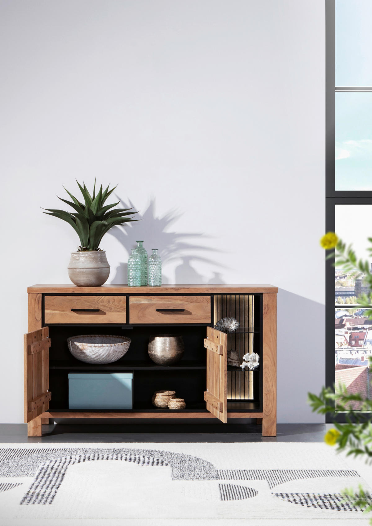 SIDEBOARD 135/80/44 cm  - Schwarz/Akaziefarben, LIFESTYLE, Glas/Holz (135/80/44cm) - Landscape