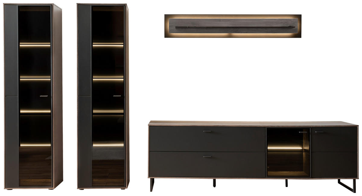 WOHNWAND  in Schwarz, Eichefarben  339/190/50 cm  - Eichefarben/Anthrazit, Design, Glas/Holz (339/190/50cm) - MID.YOU