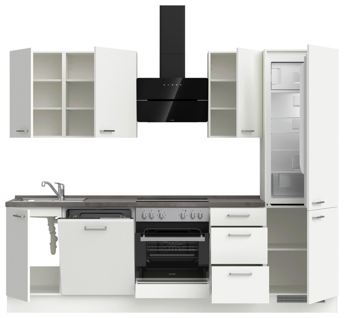 BUCĂTĂRIE FĂRĂ ELECTROCASNICE  - alb/culoare inox, Modern, metal/material pe bază de lemn (270cm) - Nobilia