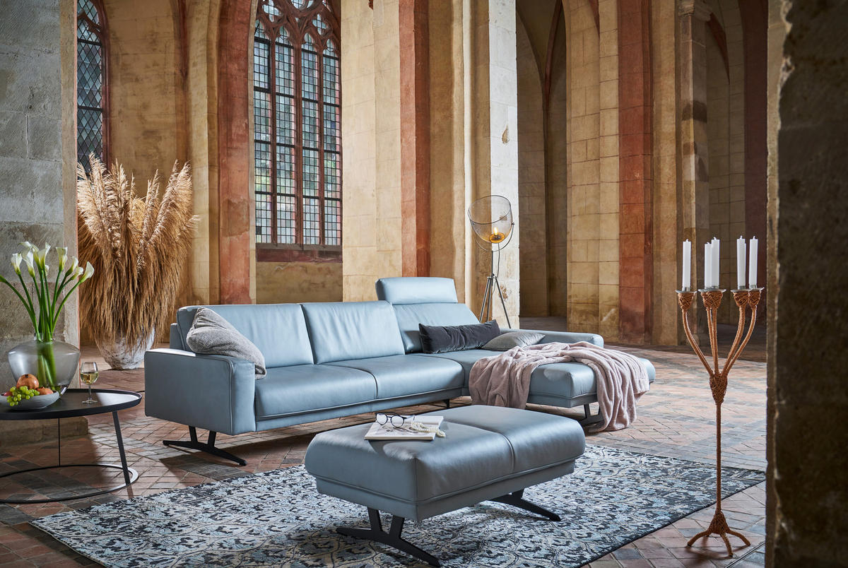 ECKSOFA in Echtleder Hellblau  - Anthrazit/Hellblau, Konventionell, Leder/Metall (324/179cm) - Johann Jakob