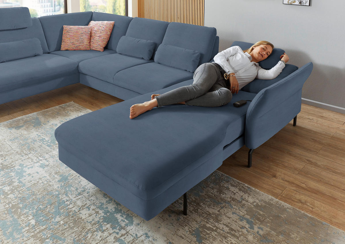 WOHNLANDSCHAFT in Velours Hellblau  - Schwarz/Hellblau, Design, Textil/Metall (220/335/179cm) - Beldomo System