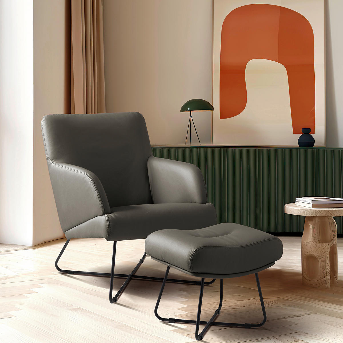 SESSEL Echtleder Schlammfarben  - Schlammfarben/Schwarz, Design, Leder/Metall (67/87/74cm) - Livetastic