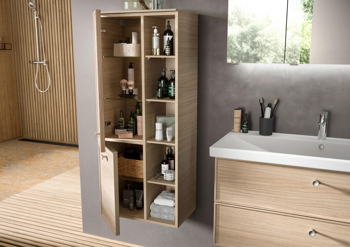 MIDISCHRANK 50/121/33 cm  - Edelstahlfarben/Eichefarben, MODERN, Glas/Holzwerkstoff (50/121/33cm) - Sadena