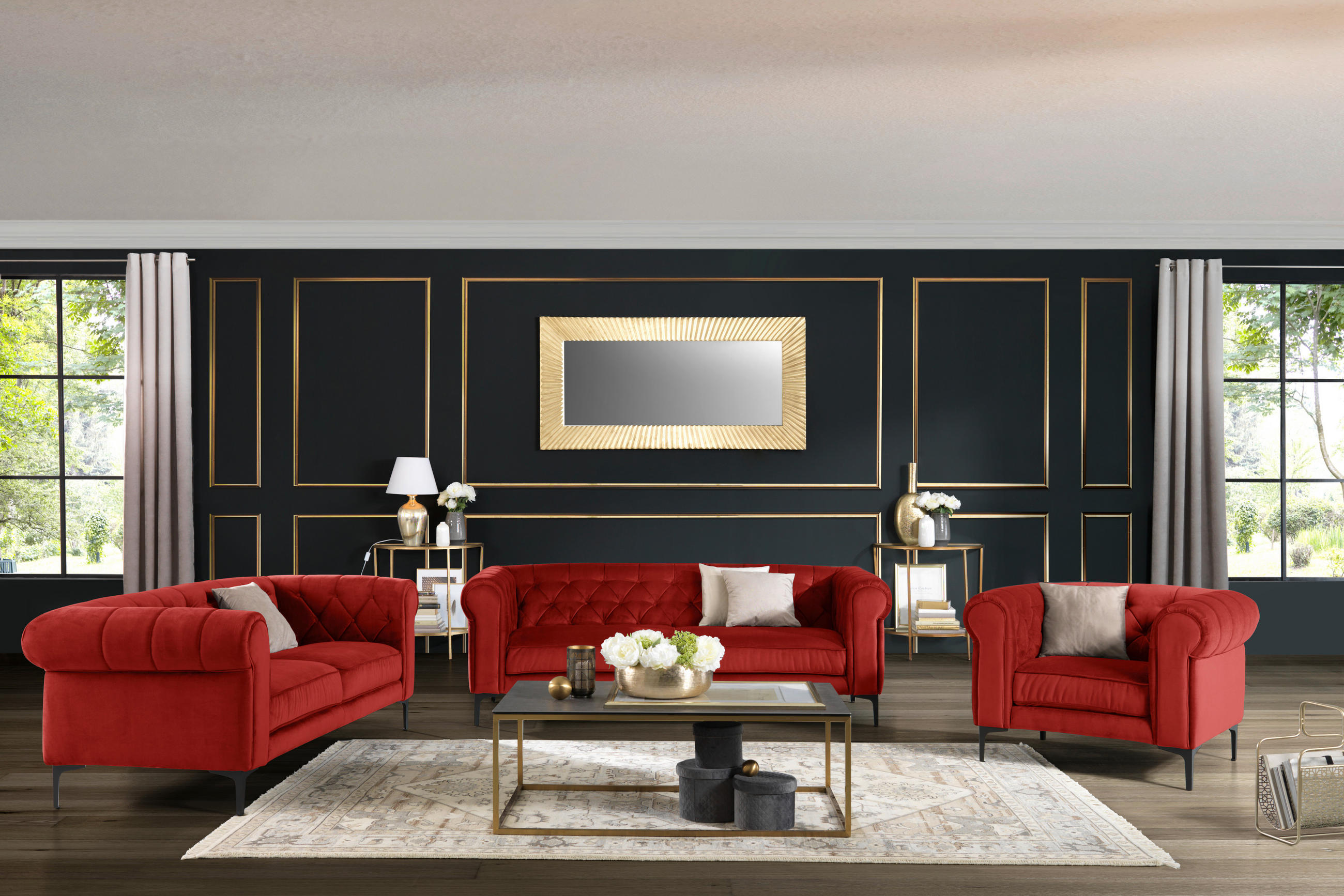 CHESTERFIELD-SOFA Rot Samt - Rot/Schwarz, Trend, Textil/Metall (220/75/90cm) - Carryhome