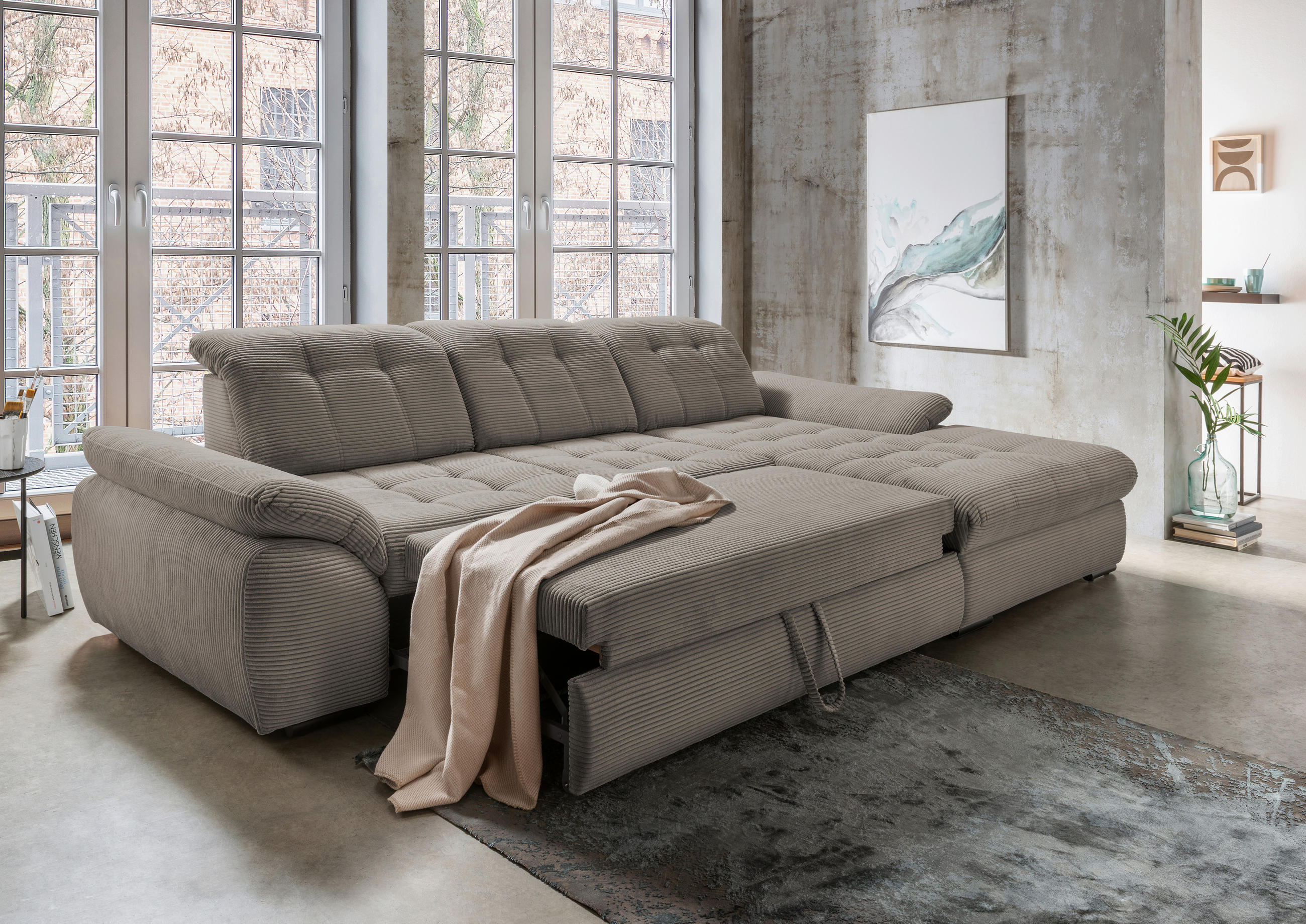 ECKSOFA Graubraun Cord  - Graubraun/Schwarz, MODERN, Textil/Metall (314/184cm) - Livetastic