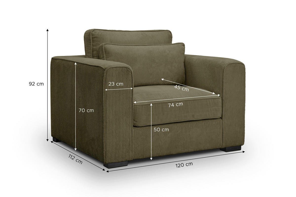 1,5-SITZER ALMERA Cord Khaki  - Khaki/Schwarz, Basics, Holz/Textil (120/92/112cm) - MID.YOU