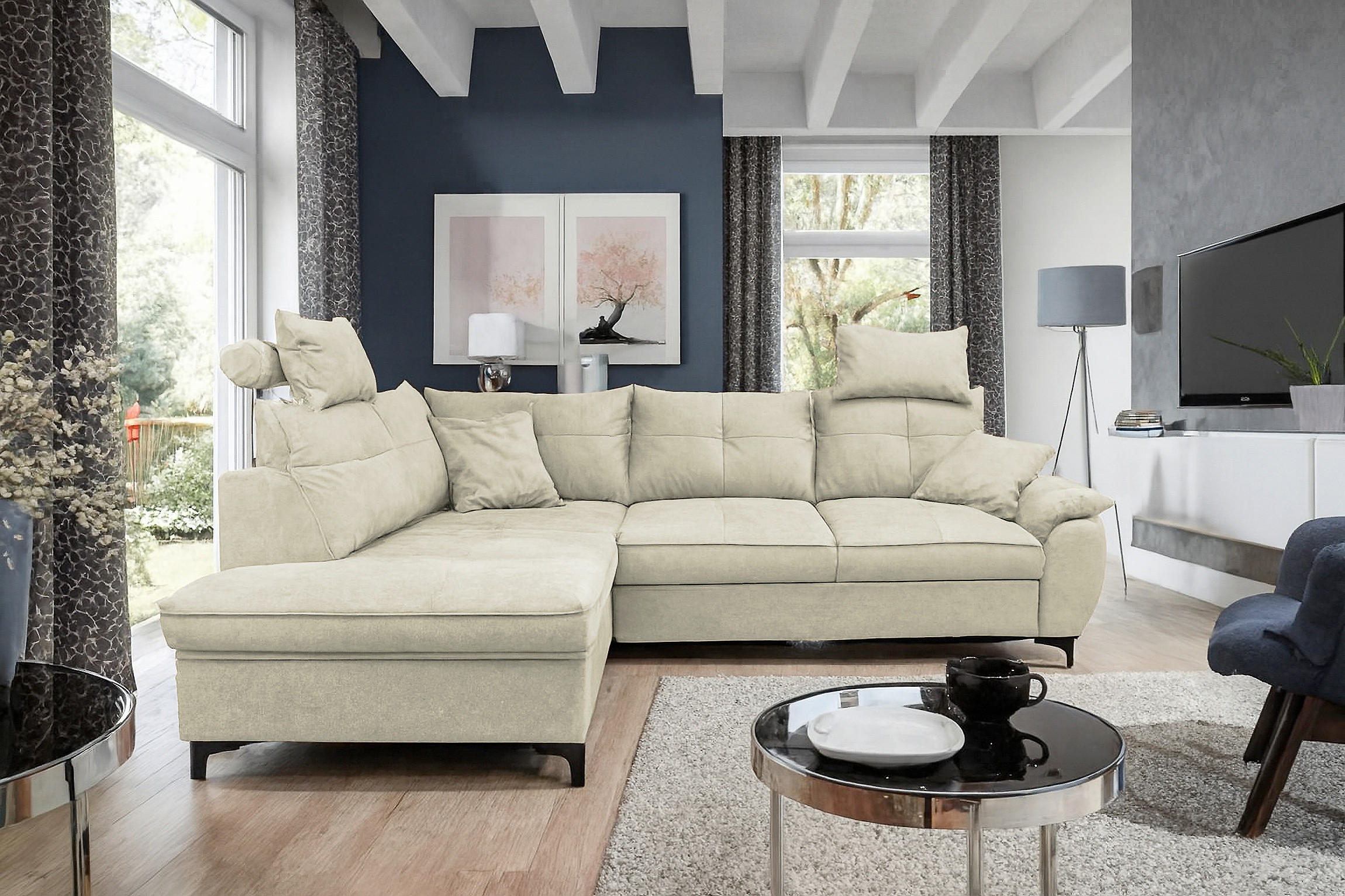 ECKSOFA SOLEI Beige Chenille Zierkissen, Bettkasten, Kopfstütze  - Beige/Schwarz, Design, Kunststoff/Textil (203/265cm) - MID.YOU