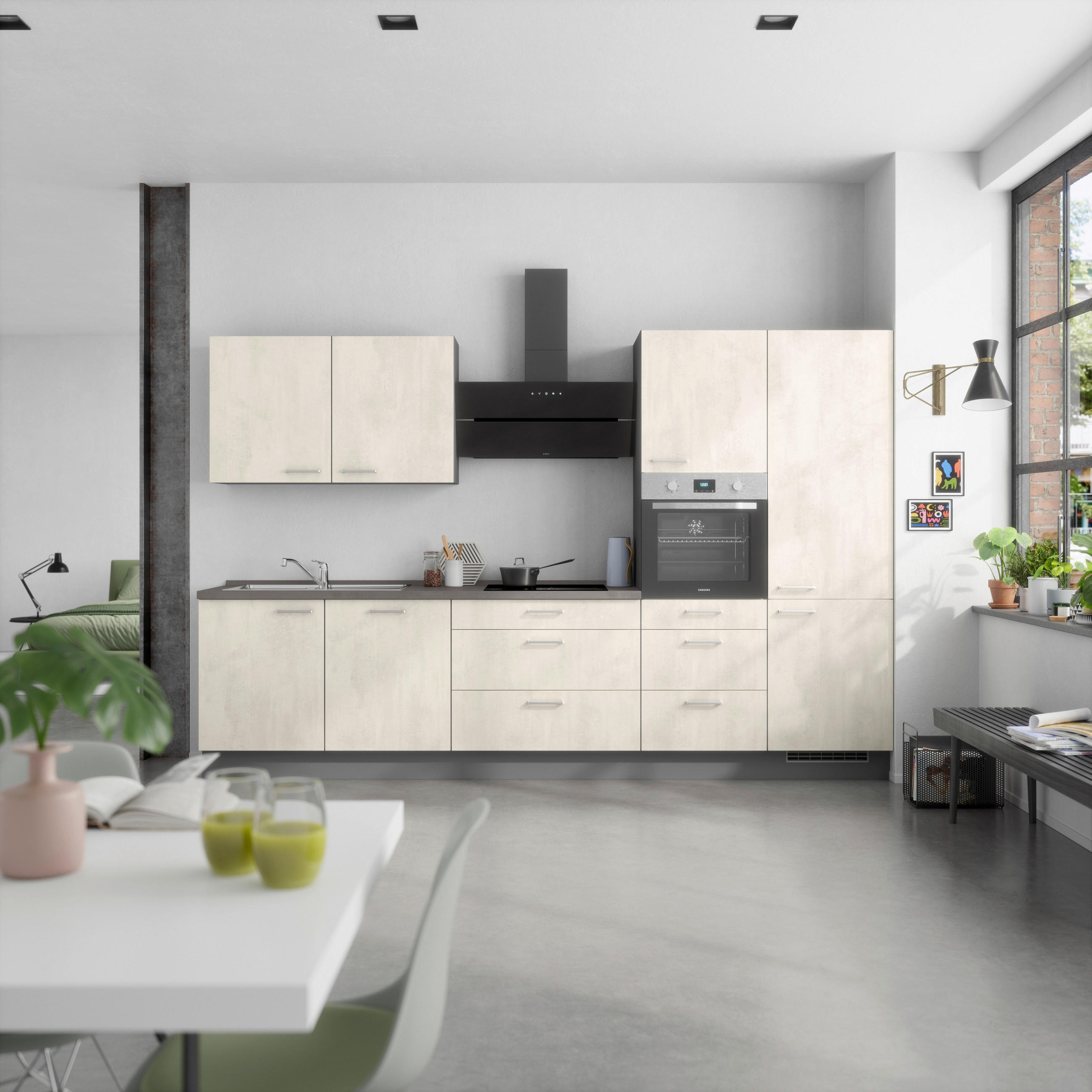 KÜCHENBLOCK Riva 330 cm  in Weiß, Schieferfarben  - Schieferfarben/Edelstahlfarben, MODERN, Holzwerkstoff/Metall (330cm) - Nobilia