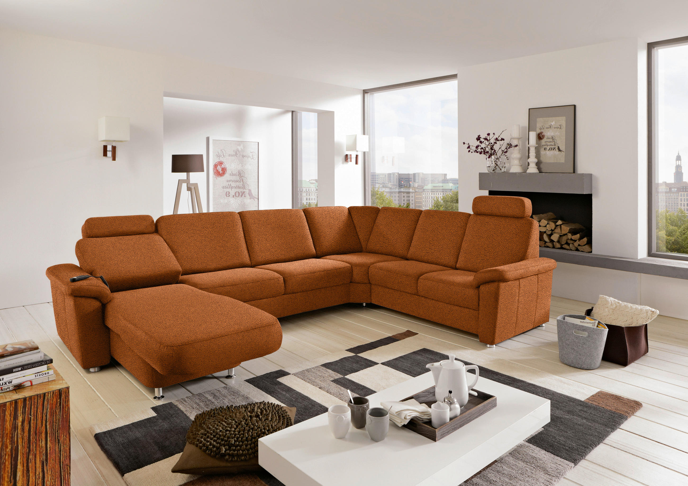 WOHNLANDSCHAFT Cognac Flachgewebe  - Chromfarben/Cognac, KONVENTIONELL, Textil/Metall (163/336/240cm) - Beldomo System