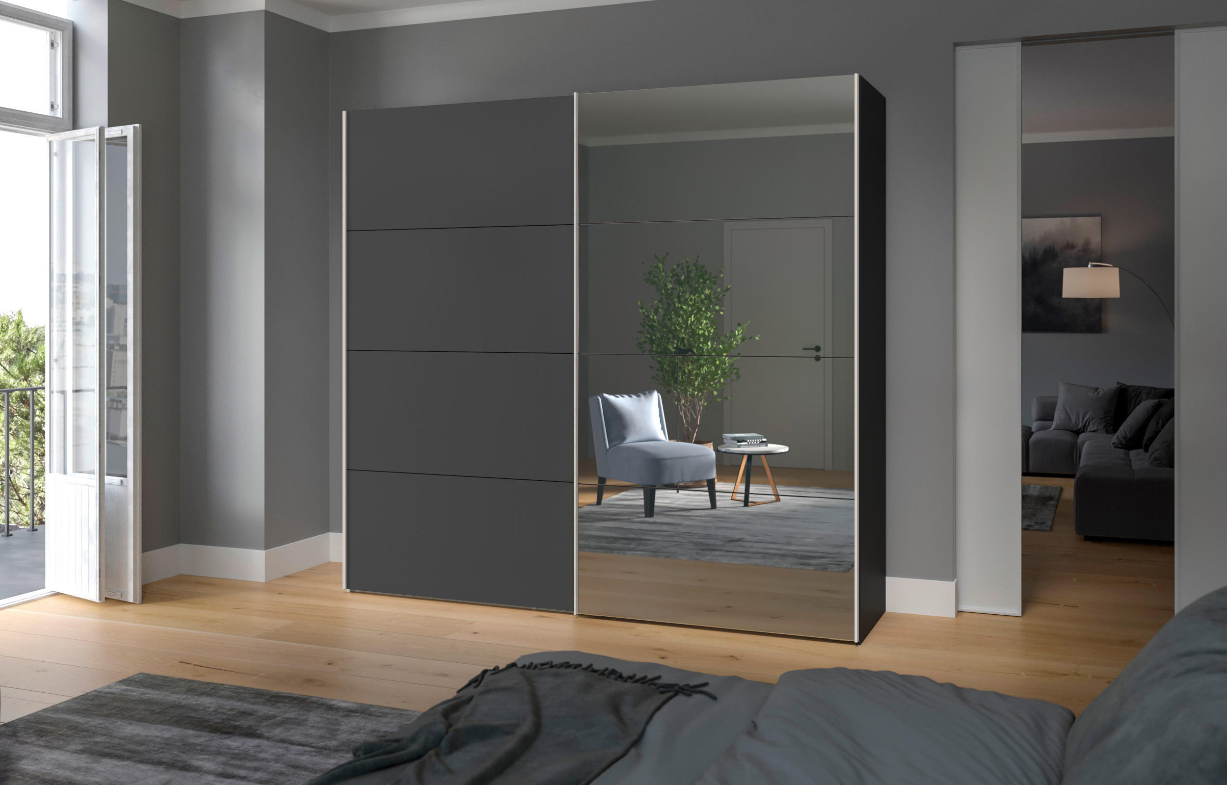 SCHWEBETÜRENSCHRANK 253/236/65 cm 2-türig Anthrazit, Schwarz  - Edelstahlfarben/Anthrazit, Design, Glas/Holzwerkstoff (253/236/65cm) - Boxxx