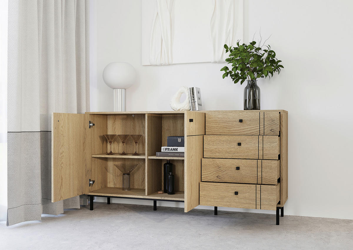 SIDEBOARD 160,2/81,8/37 cm  in Eichefarben  - Eichefarben/Schwarz, Modern, Holzwerkstoff/Kunststoff (160,2/81,8/37cm) - Carryhome