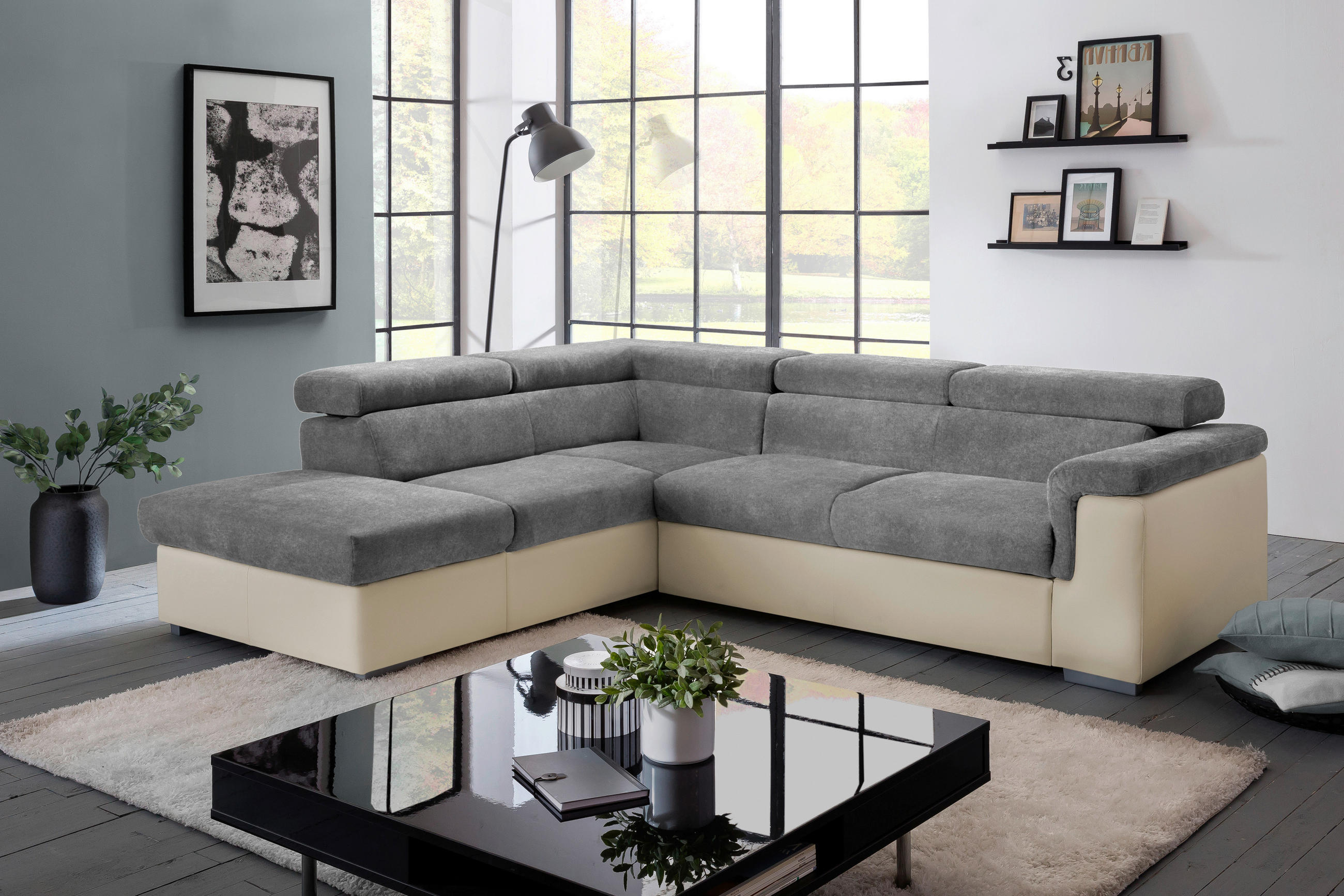 ECKSOFA Anthrazit, Braun Lederlook, Flachgewebe  - Anthrazit/Braun, Basics, Holz/Textil (217/252cm) - MID.YOU