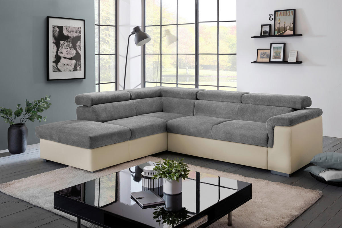 ECKSOFA Anthrazit, Braun Lederlook, Flachgewebe  - Anthrazit/Braun, Basics, Holz/Textil (217/252cm) - MID.YOU