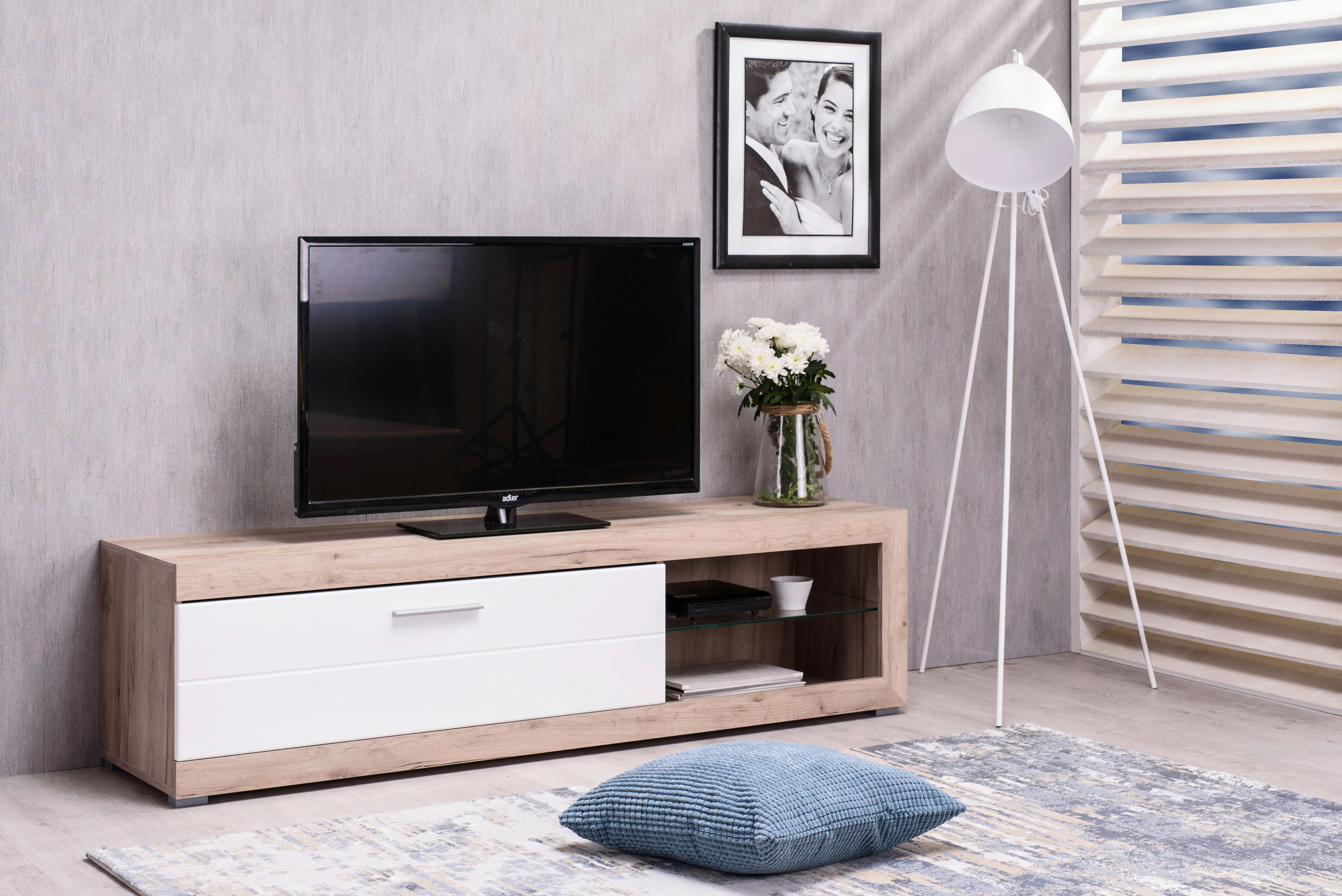 TV-ÁLLVÁNY fehér, tölgyfa  - tölgyfa/fehér, Basics, faalapú anyag (162/41,5/43,5cm) - Xora