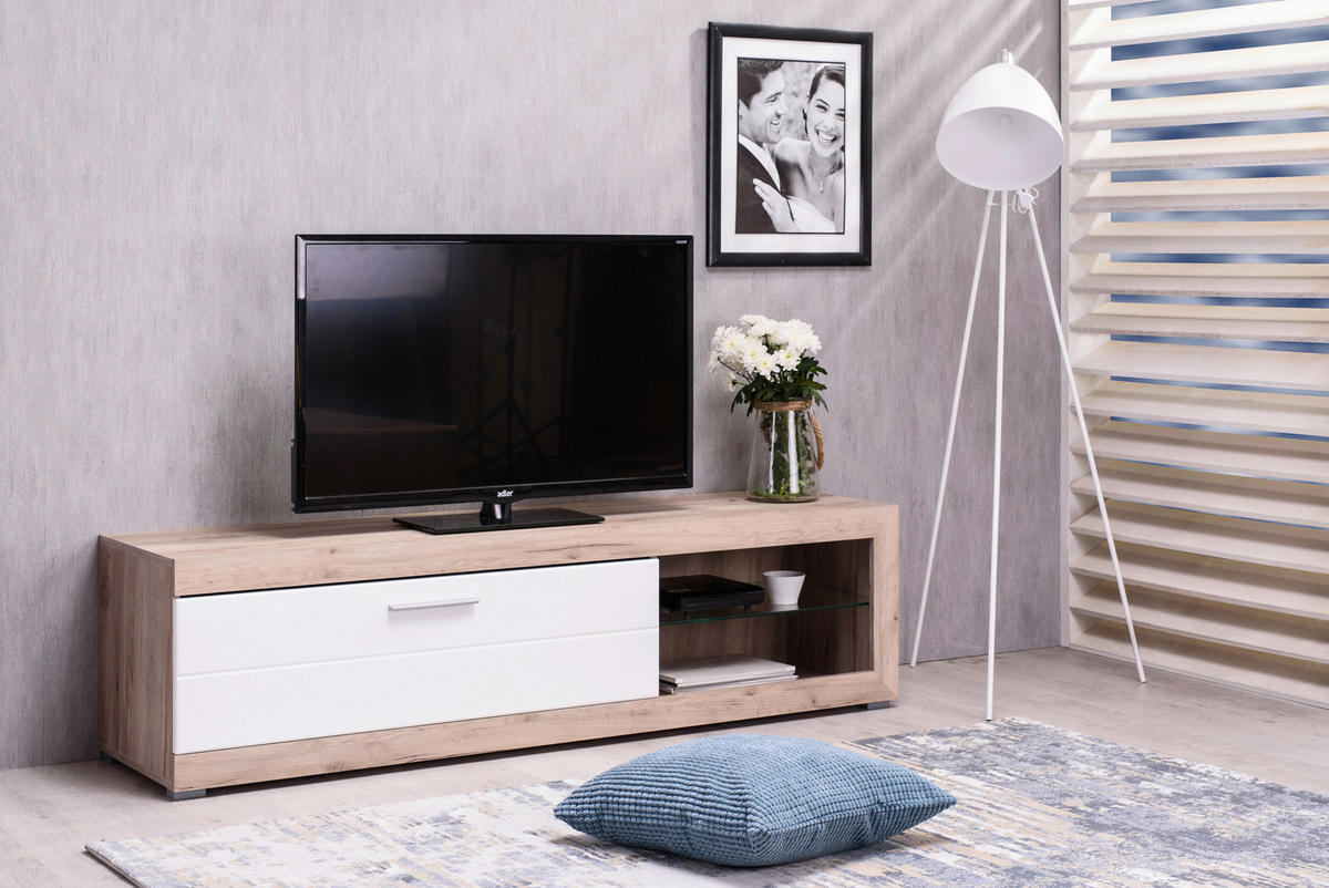 TV-ÁLLVÁNY fehér, tölgyfa  - tölgyfa/fehér, Basics, faalapú anyag (162/41,5/43,5cm) - Xora