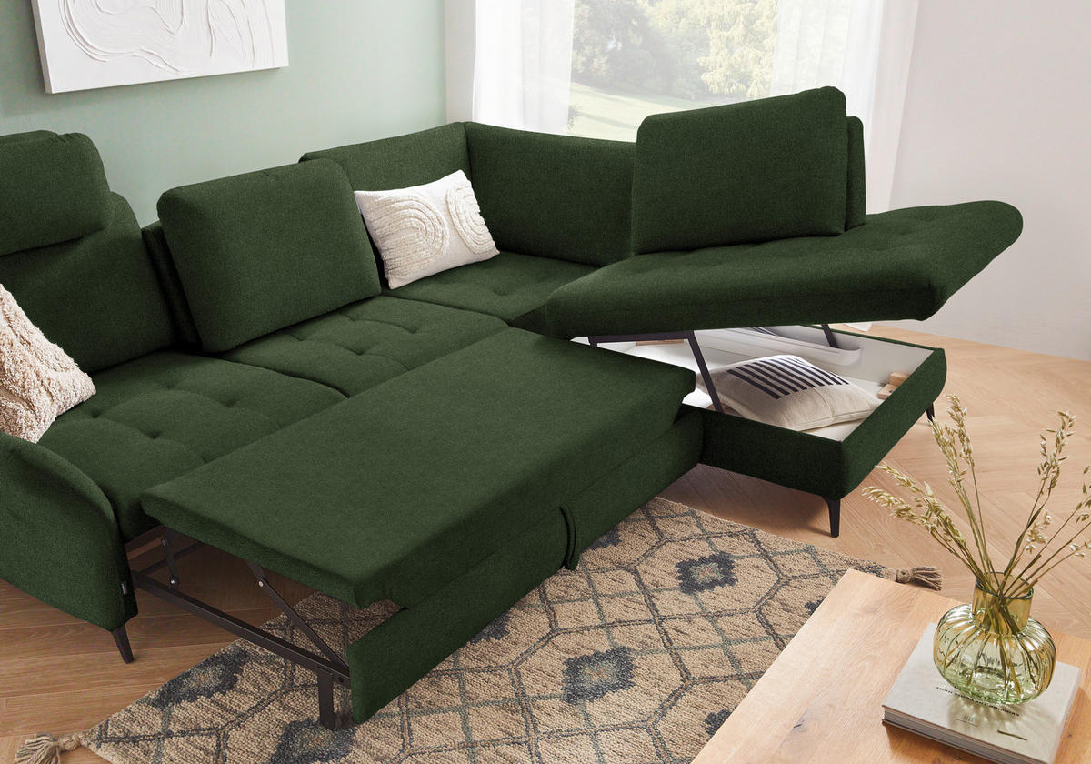 ECKSOFA in Flachgewebe Olivgrün  - Schwarz/Olivgrün, Natur, Textil/Metall (288/233cm) - Valnatura