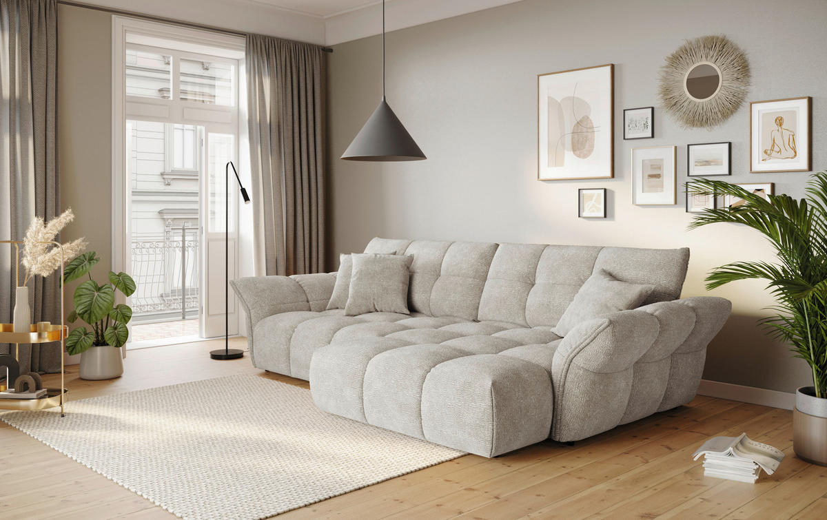 ECKSOFA Hellgrau Chenille Rücken echt  - Hellgrau/Schwarz, Design, Kunststoff/Textil (312/177cm) - Welnova