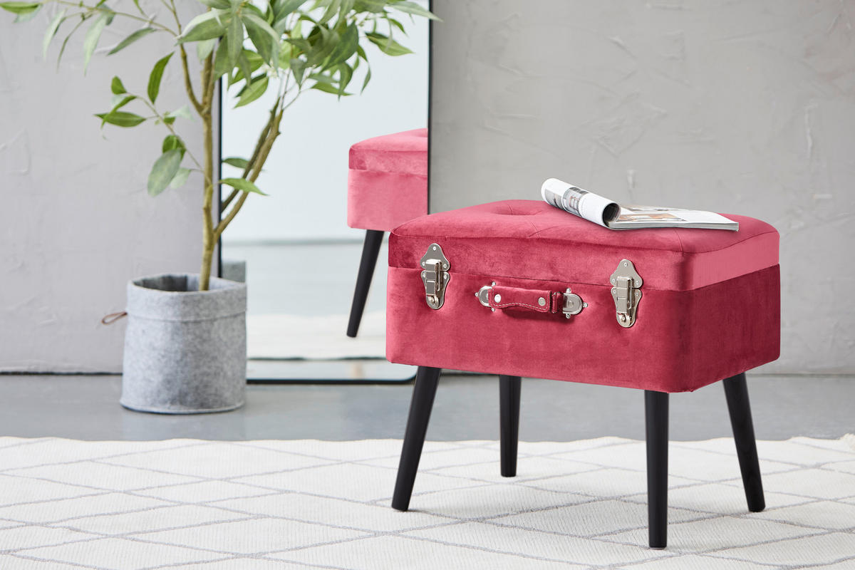 HOCKER Samt Kiefer Schwarz, Bordeaux  - Bordeaux/Schwarz, Trend, Holz/Textil (50/46/35cm) - Xora