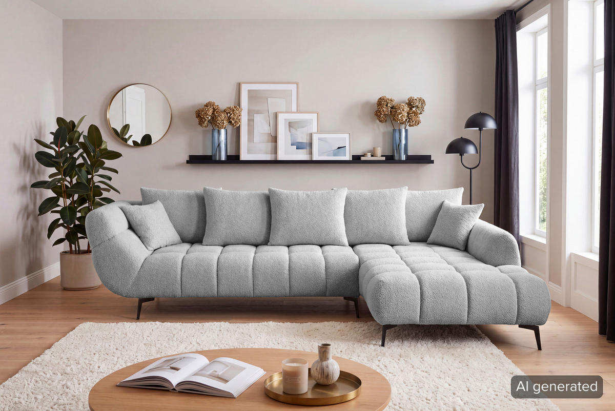 ECKSOFA 318/217 cm  in Bouclé Silberfarben Zierkissen, Rückenkissen, Rücken echt  318/217 cm  - Silberfarben/Schwarz, MODERN, Textil/Metall (318/217cm) - Carryhome