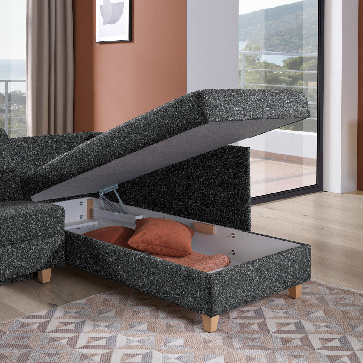 ECKSOFA  in Mikrovelours Anthrazit  261/203 cm  - Eichefarben/Anthrazit, KONVENTIONELL, Holz/Textil (261/203cm) - Sedda