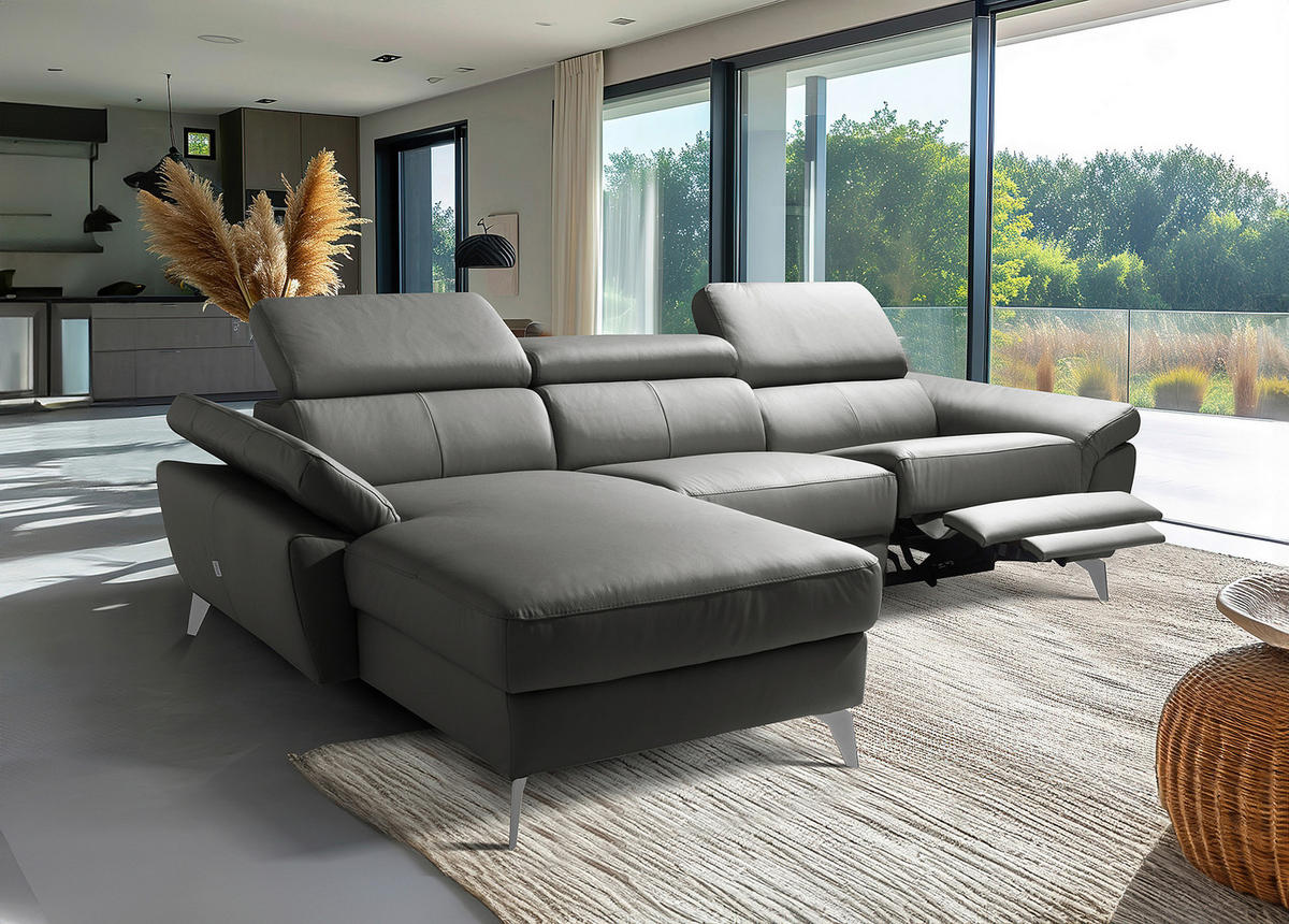 ECKSOFA  in Lederlook Echtleder Anthrazit Rücken echt, Armteilverstellung, Relaxfunktion, Kopfteilverstellung  179/252 cm  - Chromfarben/Anthrazit, Design, Leder/Textil (179/252cm) - Livetastic