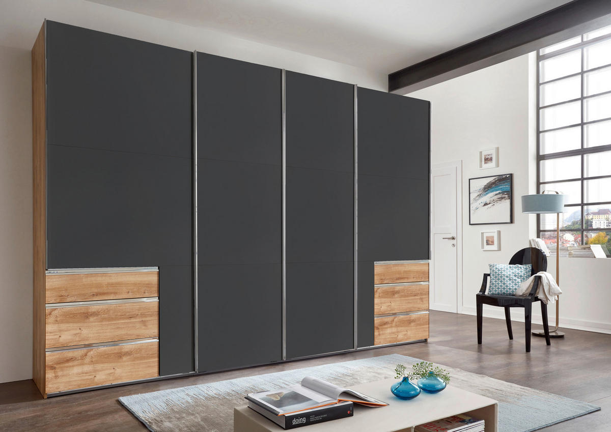 SCHWEBETÜRENSCHRANK 300/216/65 cm 4-türig Graphitfarben, Plankeneiche  - Chromfarben/Plankeneiche, MODERN, Holzwerkstoff (300/216/65cm) - MID.YOU