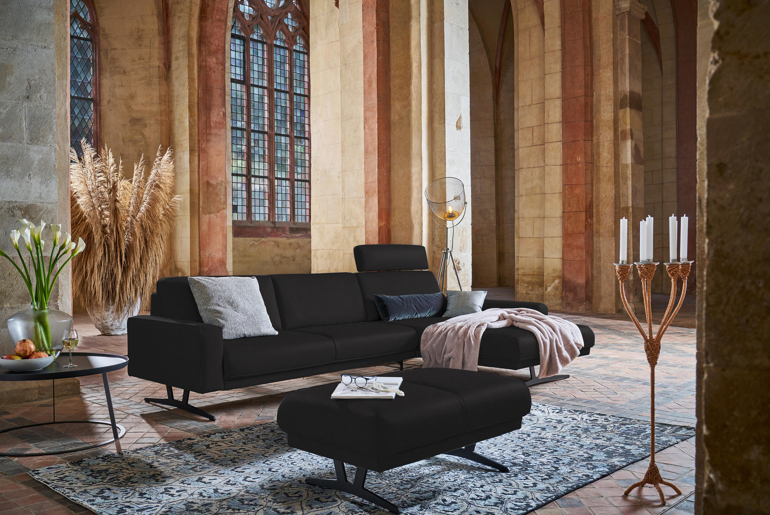 ECKSOFA in Echtleder Schwarz  - Anthrazit/Schwarz, Konventionell, Leder/Metall (324/179cm) - Johann Jakob