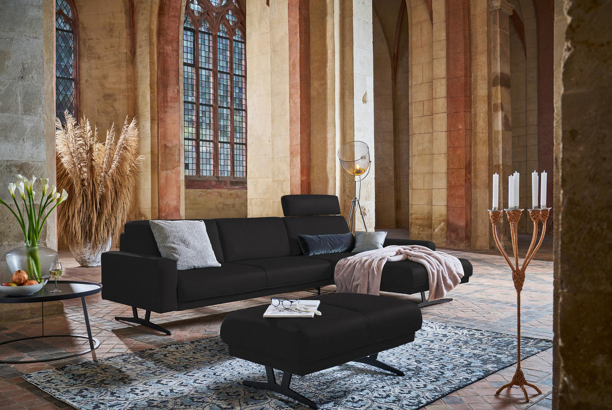 ECKSOFA in Echtleder Schwarz  324/179 cm  - Anthrazit/Schwarz, KONVENTIONELL, Leder/Metall (324/179cm) - Johann Jakob