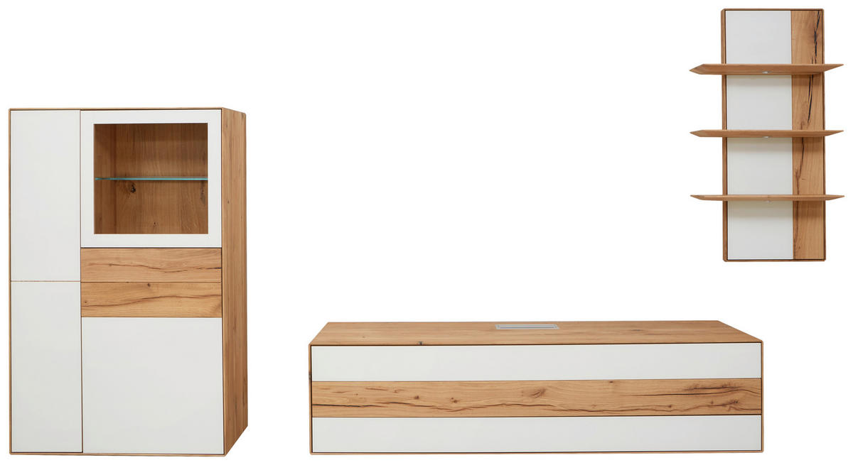 WOHNWAND  in Weiss, Eichefarben 341/205,5/54,2 cm  - Weiss/Eichefarben, Design, Glas/Holz (341/205,5/54,2cm) - Valnatura