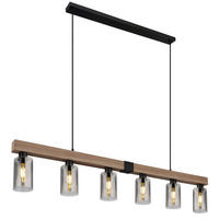 Hängeleuchte Hadera 6-flammig Hadera 140/10/120 cm   - Dunkelbraun/Schwarz, Natur, Glas/Holzwerkstoff (140/10/120cm) - Globo