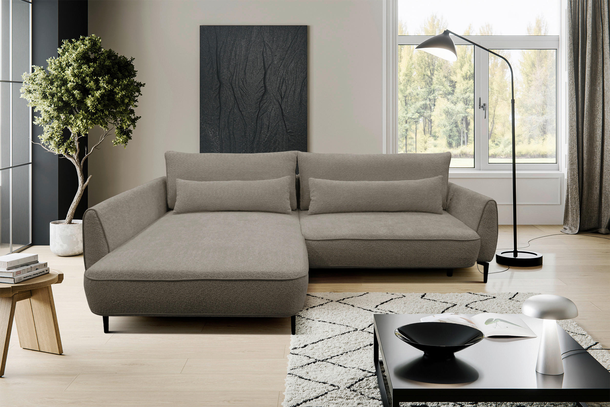 ECKSOFA Beige Bouclé  - Beige/Schwarz, Design, Textil/Metall (204/273cm) - MID.YOU