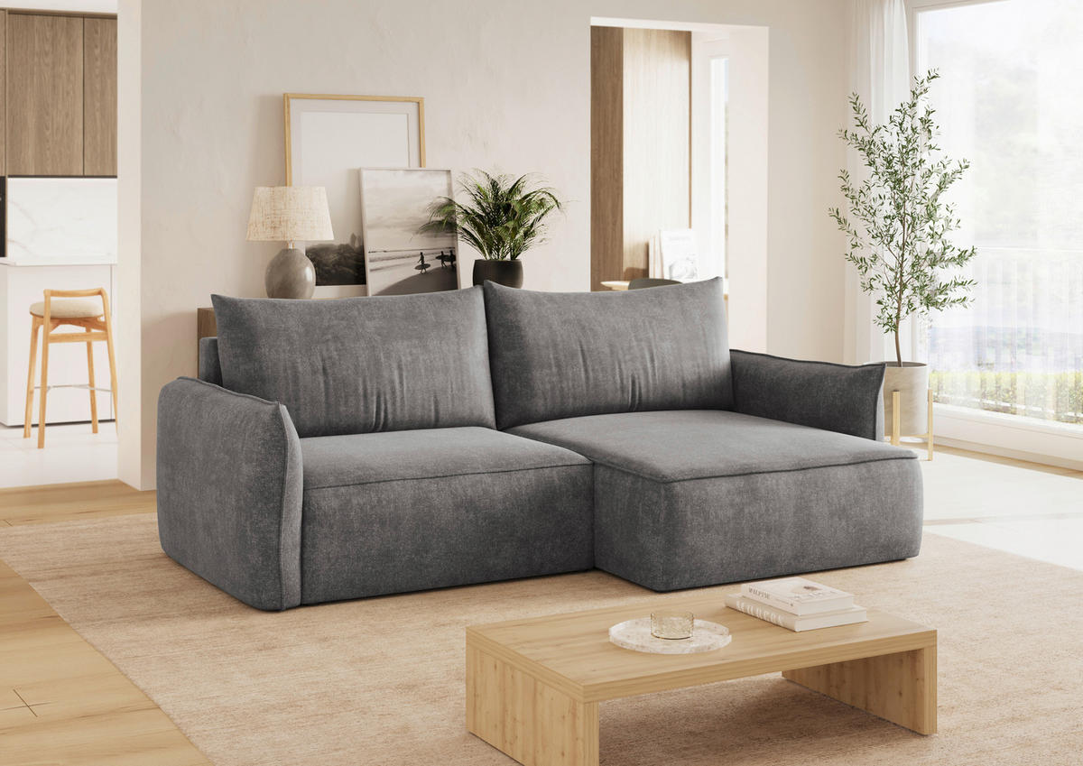 ECKSOFA Graphitfarben Struktur Rückenkissen, Bettkasten, Schlaffunktion, Rücken echt, Liegefläche im Originalstoff  - Schwarz/Graphitfarben, KONVENTIONELL, Kunststoff/Textil (266/148cm) - Milino