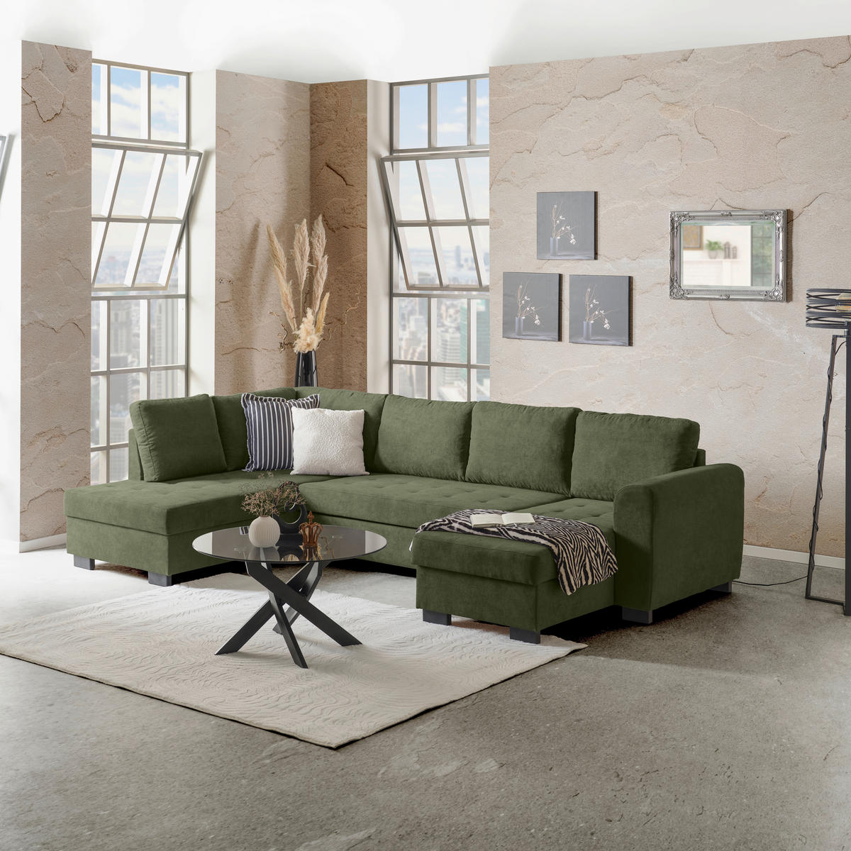 WOHNLANDSCHAFT Grün Mikrofaser  - Schwarz/Grau, MODERN, Kunststoff/Textil (178/305/155cm) - P & B