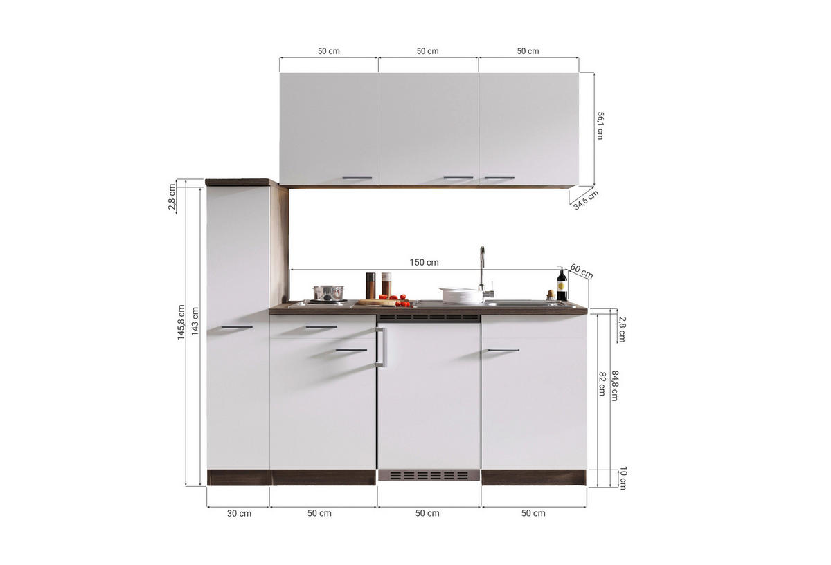 MODULKÖK 180 cm   i vit  - vit/aluminiumfärg, Basics, trämaterial/plast (180cm) - Respekta