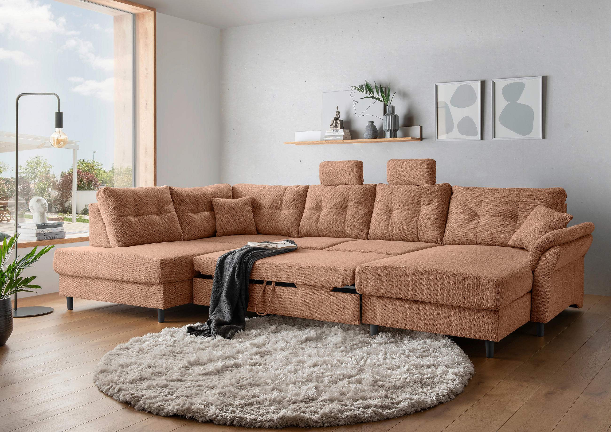 WOHNLANDSCHAFT Koralle Chenille  - Koralle/Schwarz, MODERN, Holz/Textil (206/338/176cm) - Livetastic