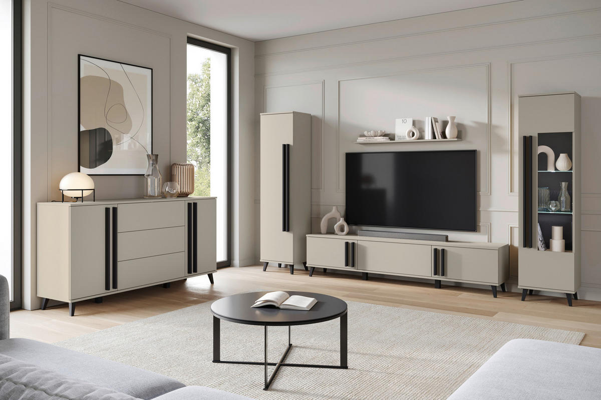 WOHNWAND 4-teilig  in Beige 260/159,5/33 cm  - Beige/Schwarz, Trend, Glas/Holzwerkstoff (260/159,5/33cm)