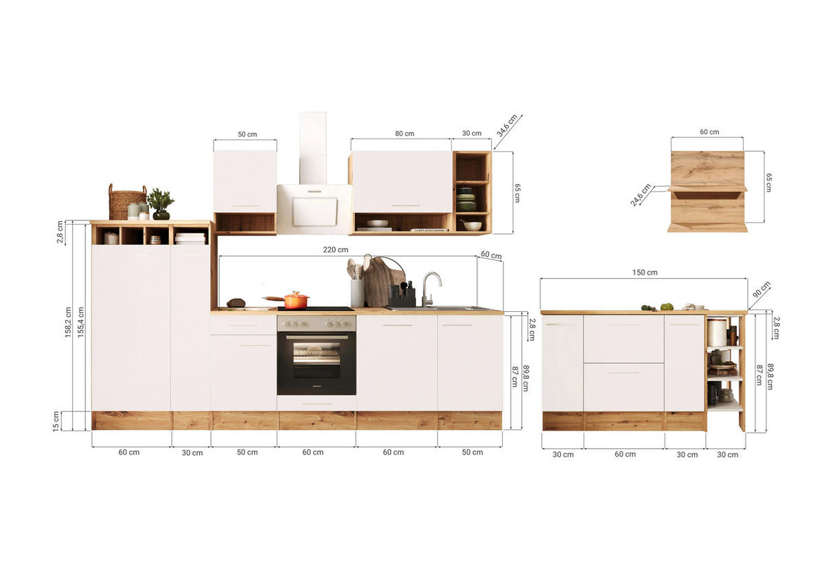 MODULKÖK 310-150 cm   i grå  - skogsek/aluminiumfärg, Design, metall/trämaterial (310-150cm) - Respekta