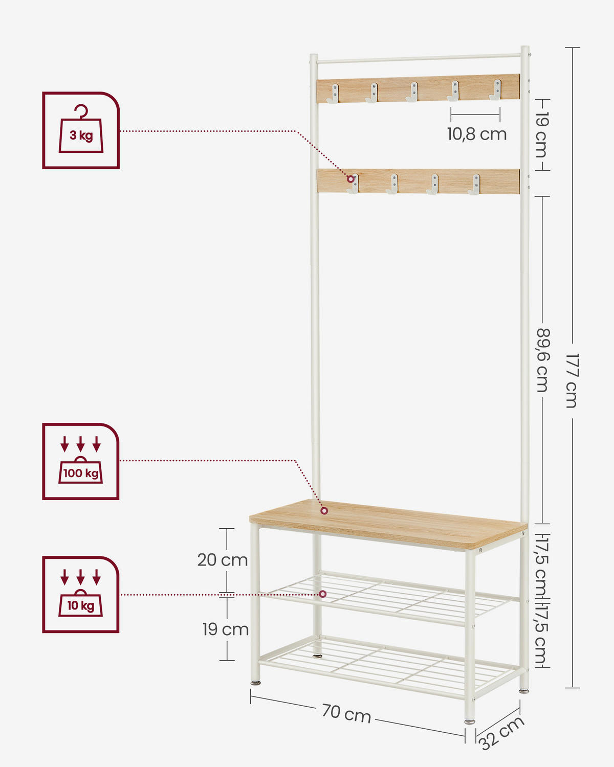 GARDEROBE  in 70/177/32 cm  - Eichefarben/Weiß, Trend, Holzwerkstoff/Metall (70/177/32cm) - Boxxx