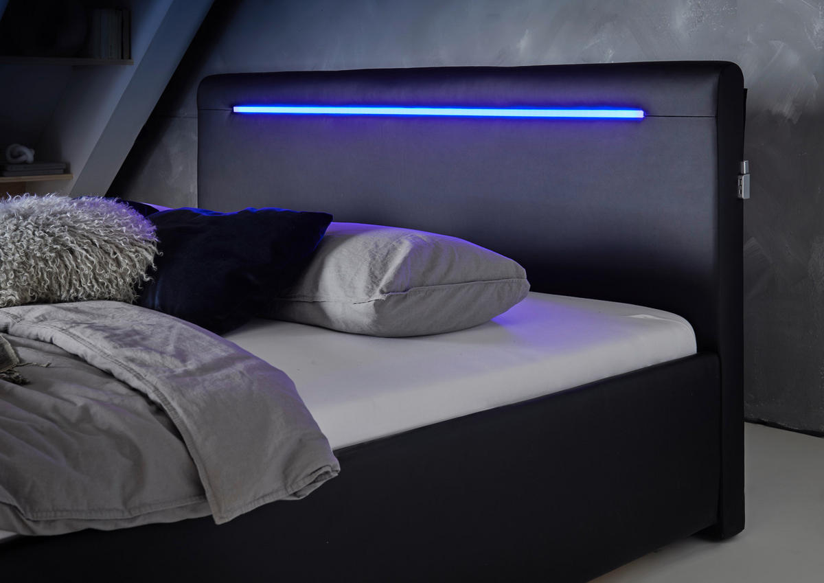 POLSTERBETT Beleuchtung, Bettkasten, Lattenroste 180/200 cm  in Schwarz  - Birkefarben/Buchefarben, Design, Holz/Kunststoff (180/200cm) - Boxxx