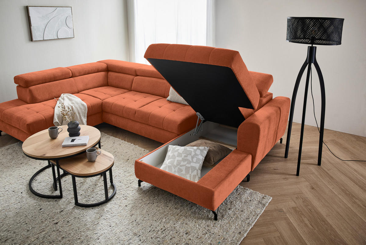 WOHNLANDSCHAFT Orange Struktur  - Schwarz/Orange, Design, Textil/Metall (203/327/177cm) - Stylife