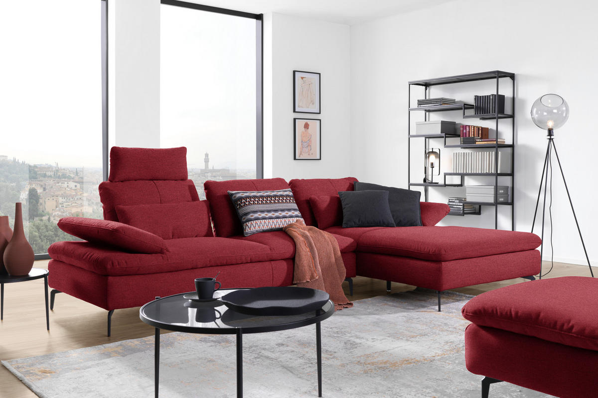 ECKSOFA in Webstoff Bordeaux  - Bordeaux/Schwarz, Design, Textil/Metall (301/179cm) - Chilliano