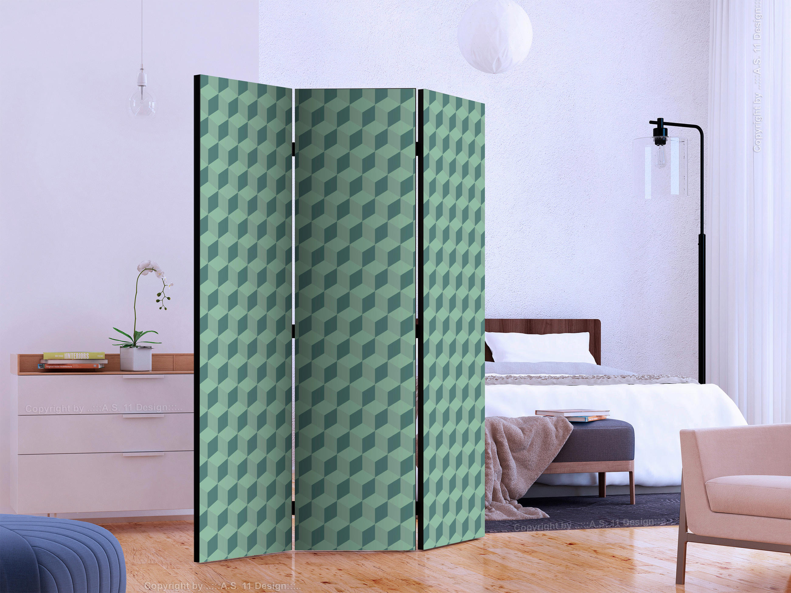 PARAVENT mit 3  Flügel - Türkis/Mintgrün, Basics, Holz/Textil (135/172/3cm) - artgeist