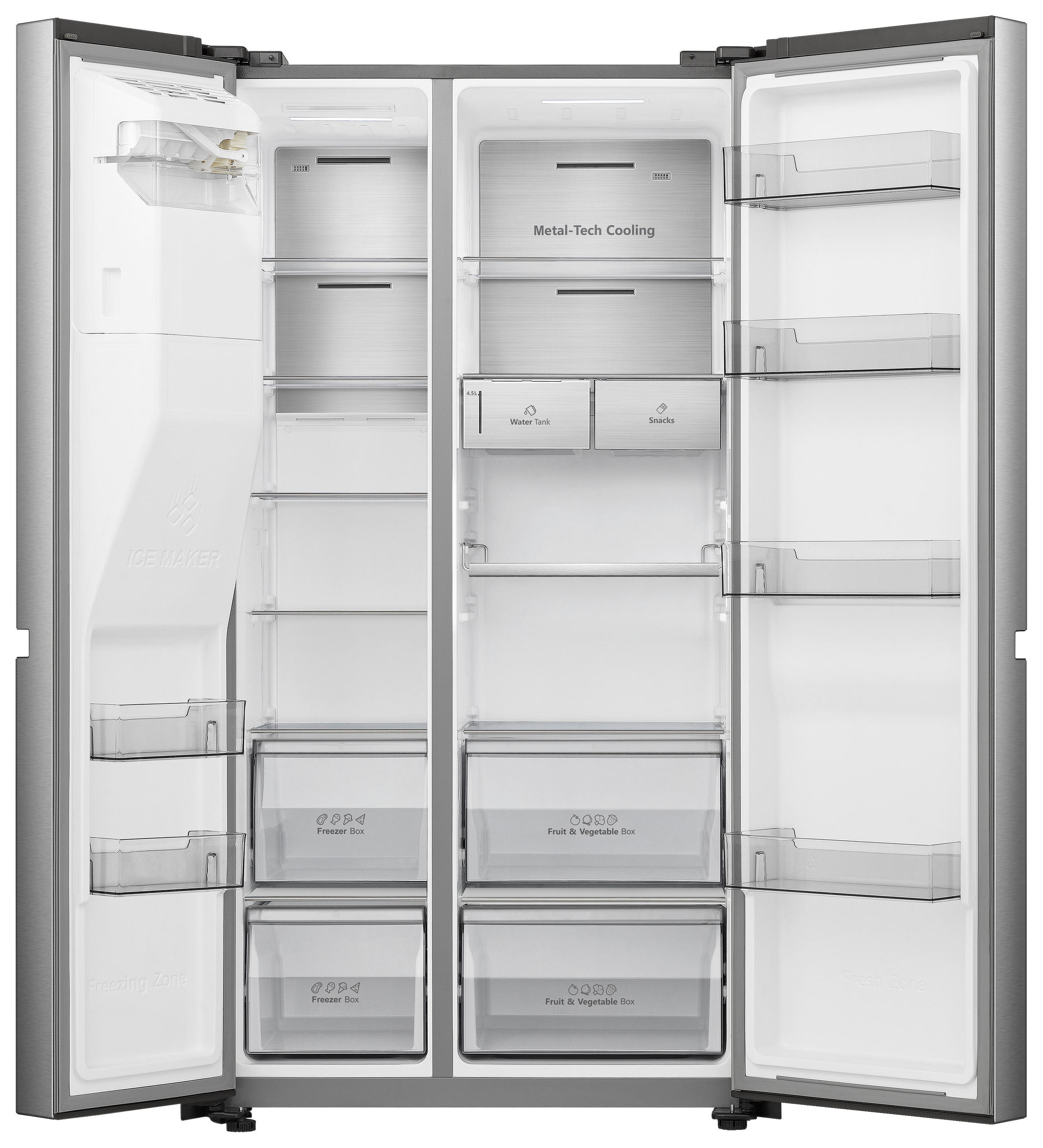 Thumbnail - Hisense Side-By-Side, Edelstahl, Metall, 2 Schublade(n),4 Schublade(n) Schubladen, 91x179x73 cm, LED-Innenbeleuchtung, W...