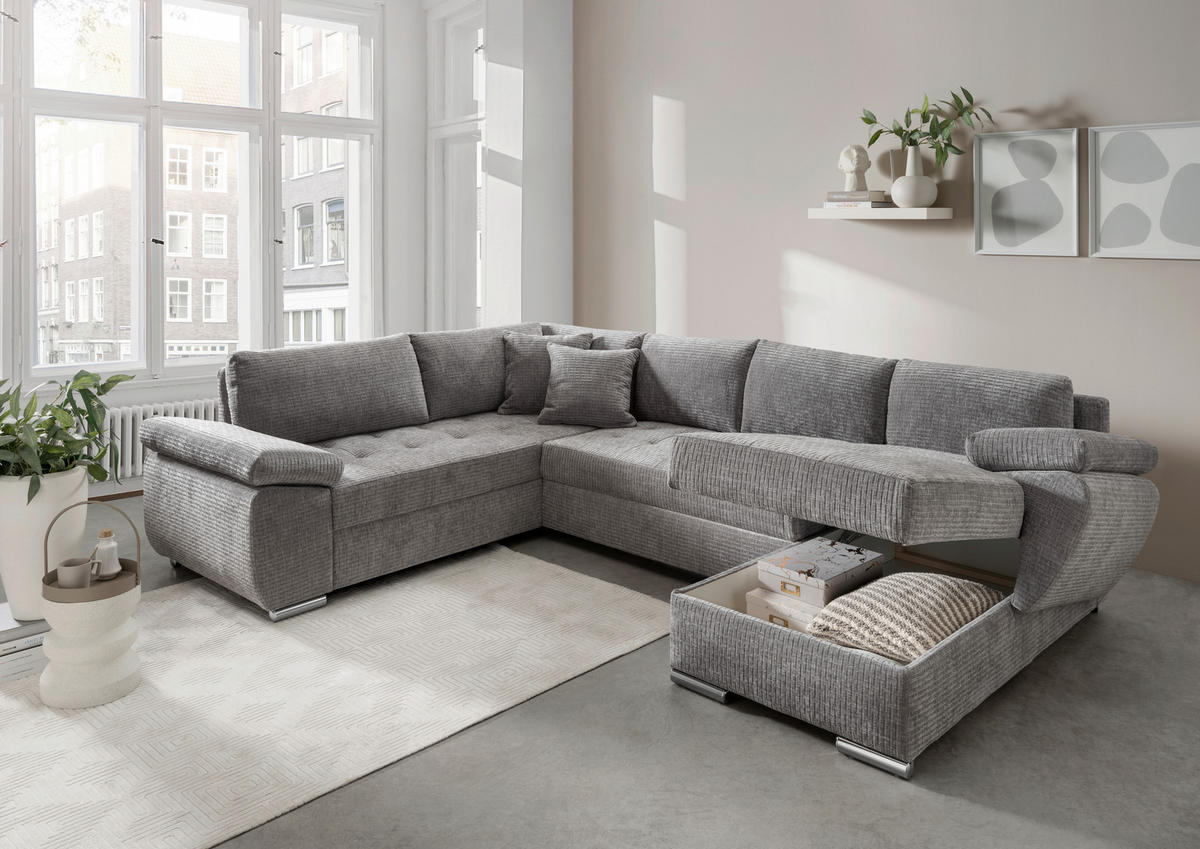 Wohnlandschaft in Mikrofaser Grau  - Chromfarben/Grau, KONVENTIONELL, Textil (219/305/157cm) - Livetastic