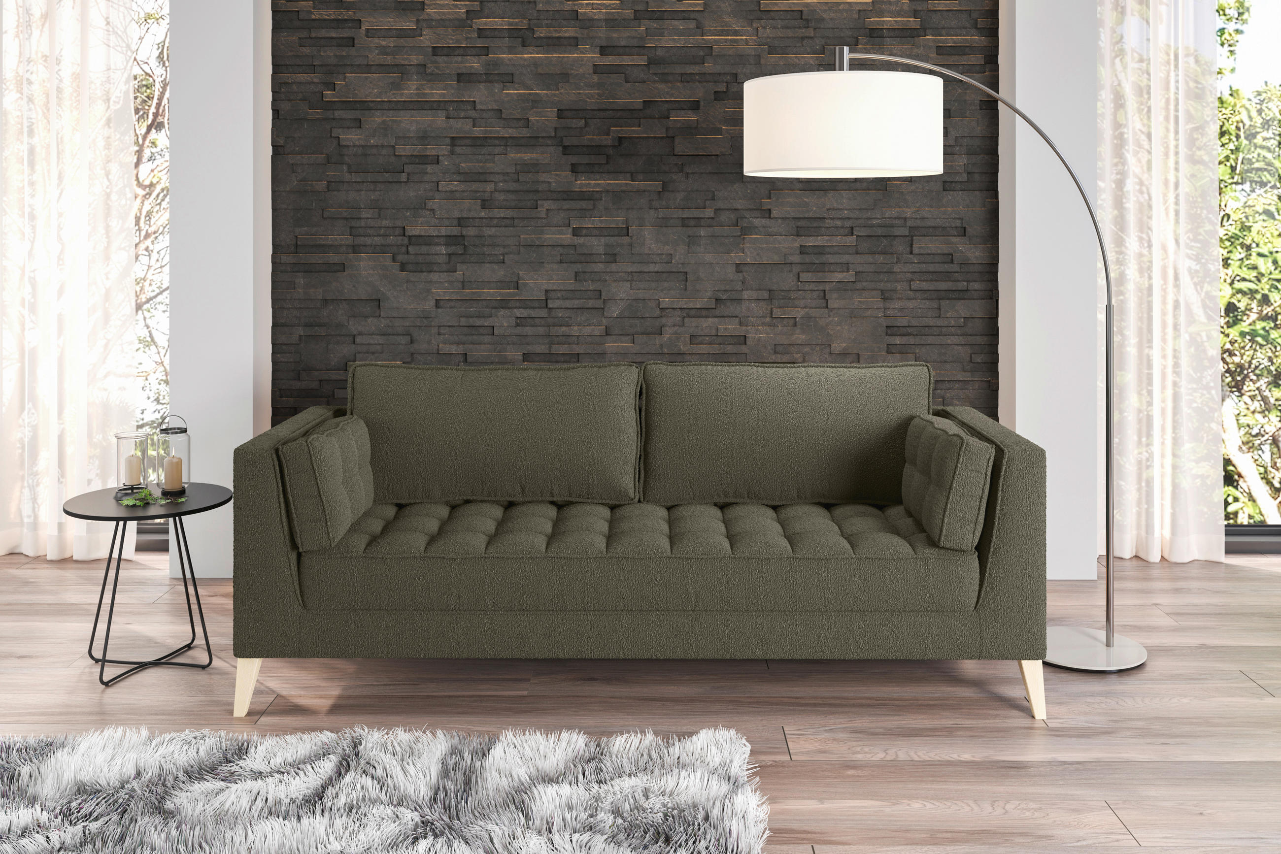 3-SITS SOFFA i bouclé mörkgrön  - mörkgrön/naturfärgad, Design, trämaterial/textil (170/95/85cm) - MID.YOU