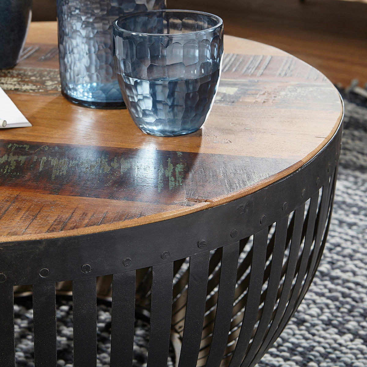 COUCHTISCH Recyclingholz massiv 70/70/33 cm rund Braun  - Schwarz/Braun, Design, Holz/Metall (70/70/33cm) - MID.YOU