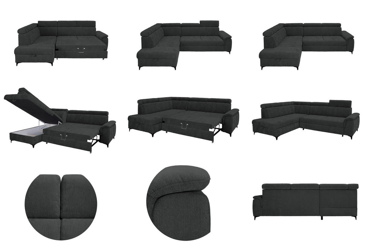 ECKSOFA Schwarz Chenille Bettkasten, Schlaffunktion, Rücken echt, Kopfteilverstellung, Liegefläche im Originalstoff  - Schwarz, KONVENTIONELL, Textil/Metall (206/265cm) - Carryhome