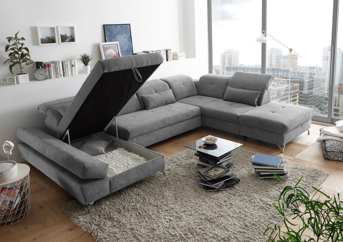 WOHNLANDSCHAFT in Mikrovelours Schlammfarben  - Schlammfarben/Silberfarben, Modern, Textil/Metall (168/350/245cm) - MID.YOU