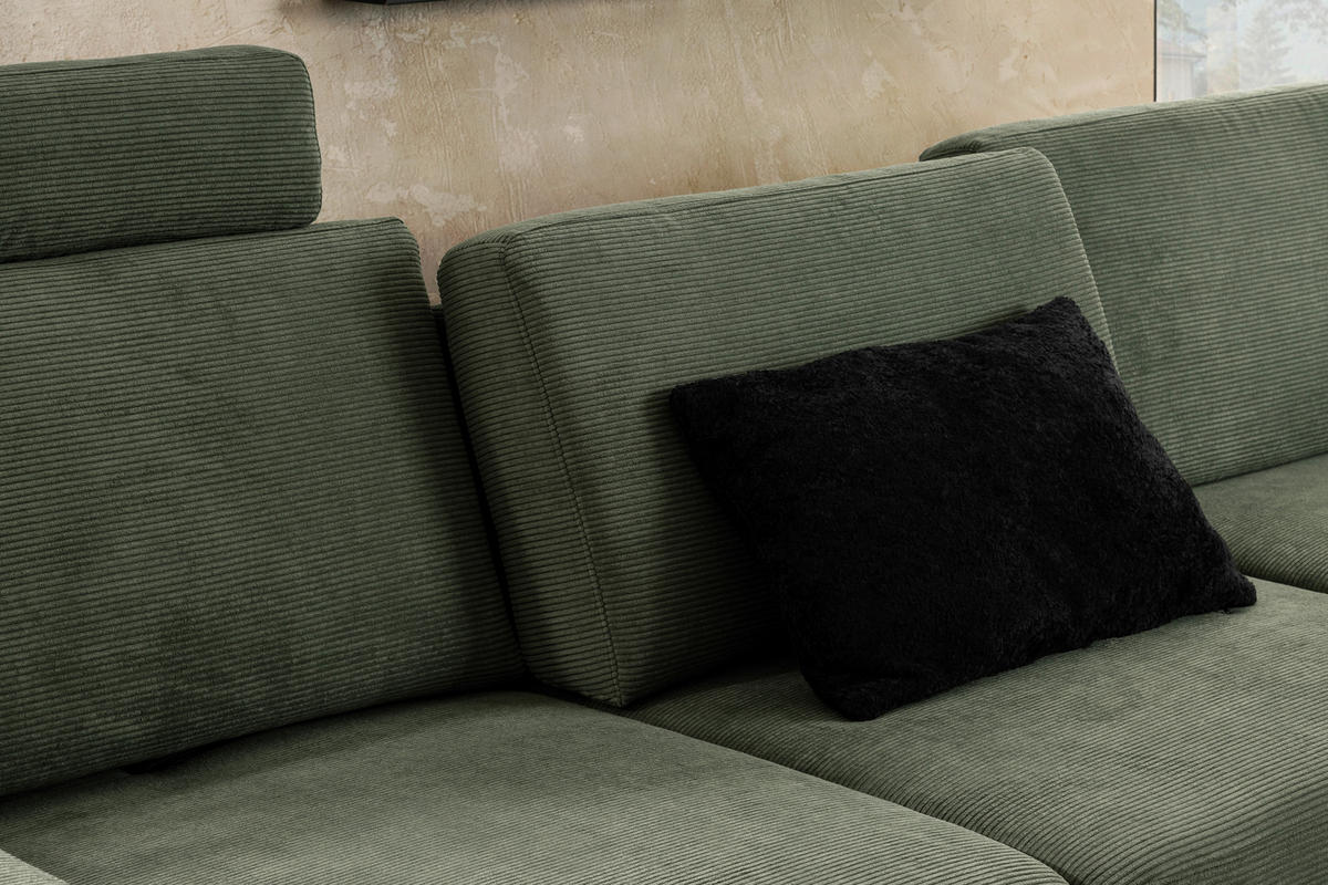 ECKSOFA in Cord Olivgrün  - Schwarz/Olivgrün, Design, Textil/Metall (298/185cm) - Pure Home Lifestyle